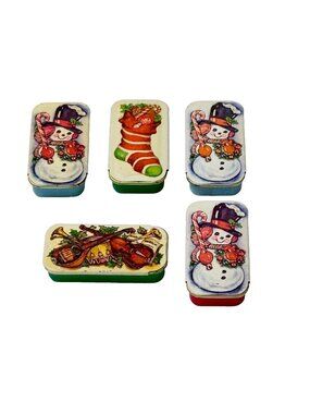 5 Potpourri Press Christmas Metal Tin Trinket Pill Boxes Snowman Stocking Music
